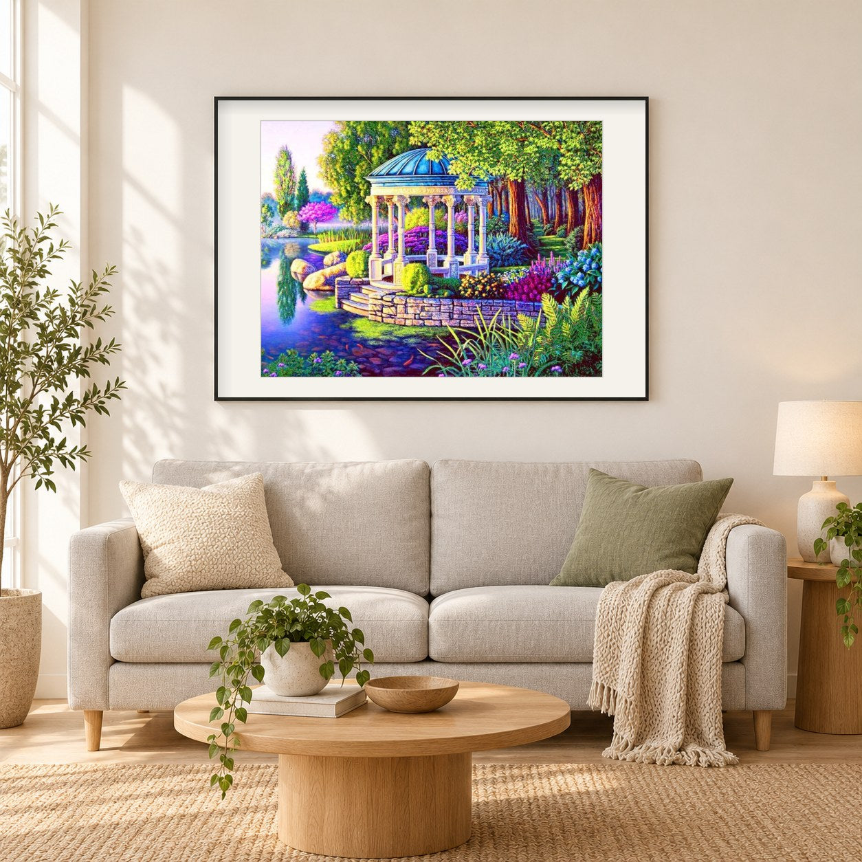 Schöner Gartenpavillon als gerahmtes Diamond Painting im Wohnzimmer