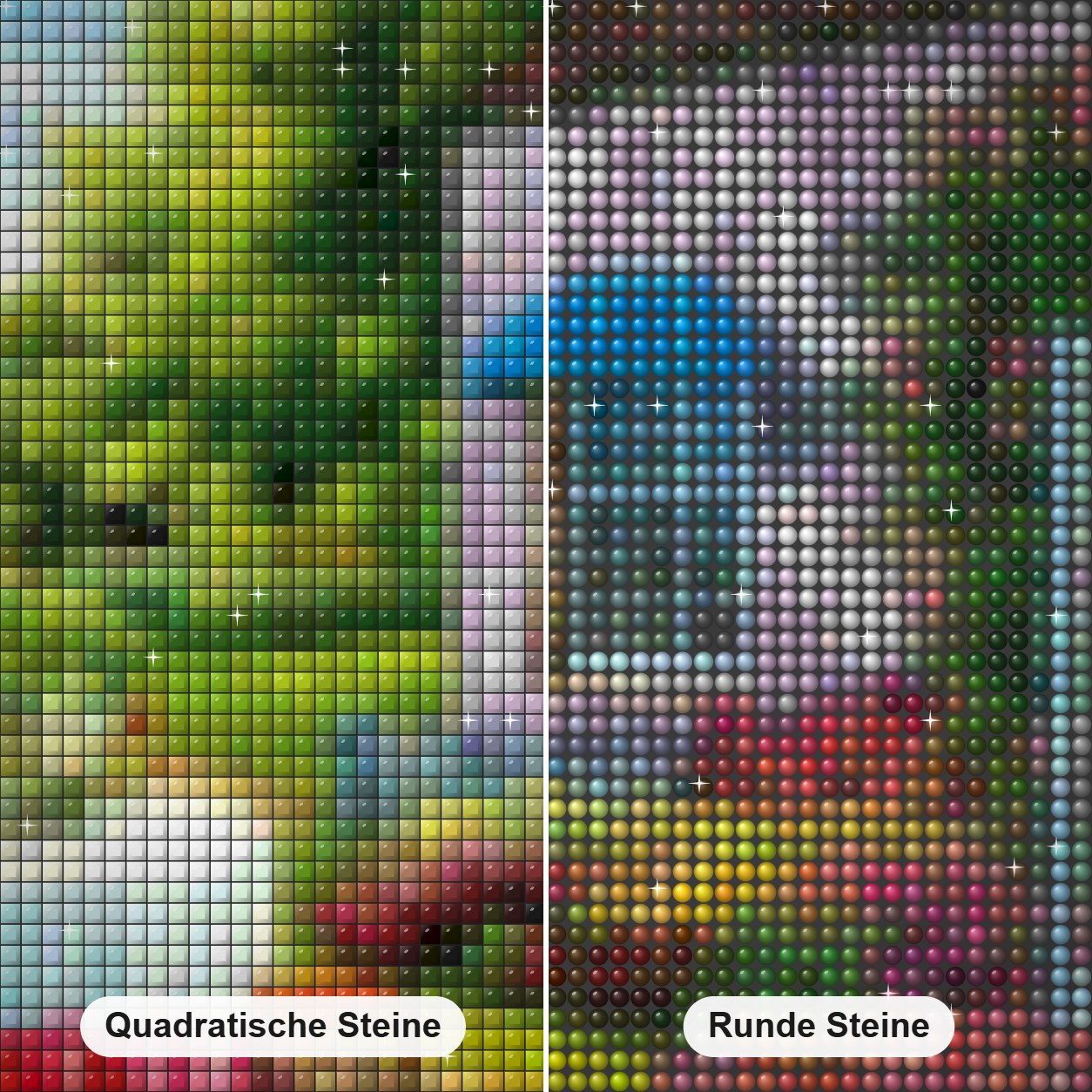Schöner Hof voller Blumen Diamond Painting Nahaufnahme mit quadratischen und runden Steinen