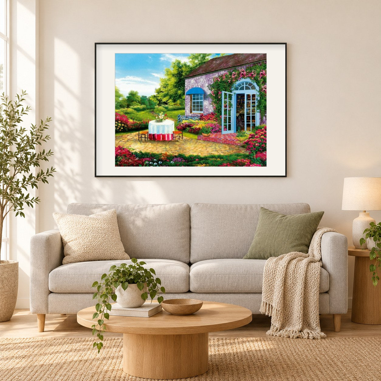 Schöner Hof voller Blumen als gerahmtes Diamond Painting im Wohnzimmer