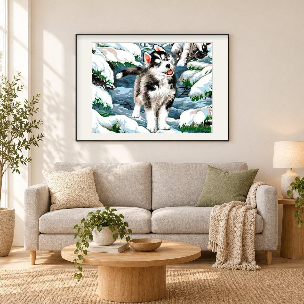 Schöner Husky als gerahmtes Diamond Painting im Wohnzimmer