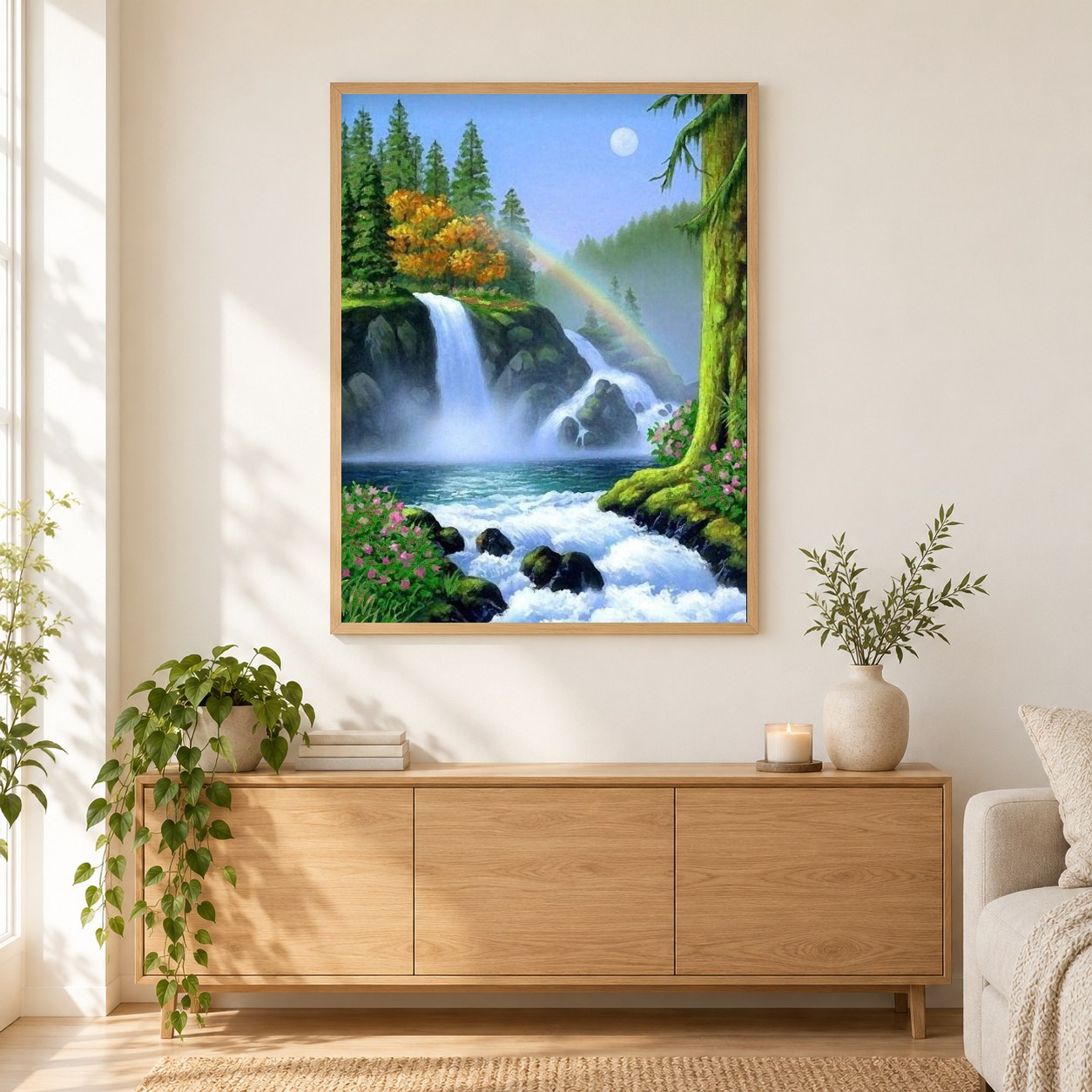 Schöner Regenbogen & Wasserfall als gerahmtes Diamond Painting im Wohnzimmer