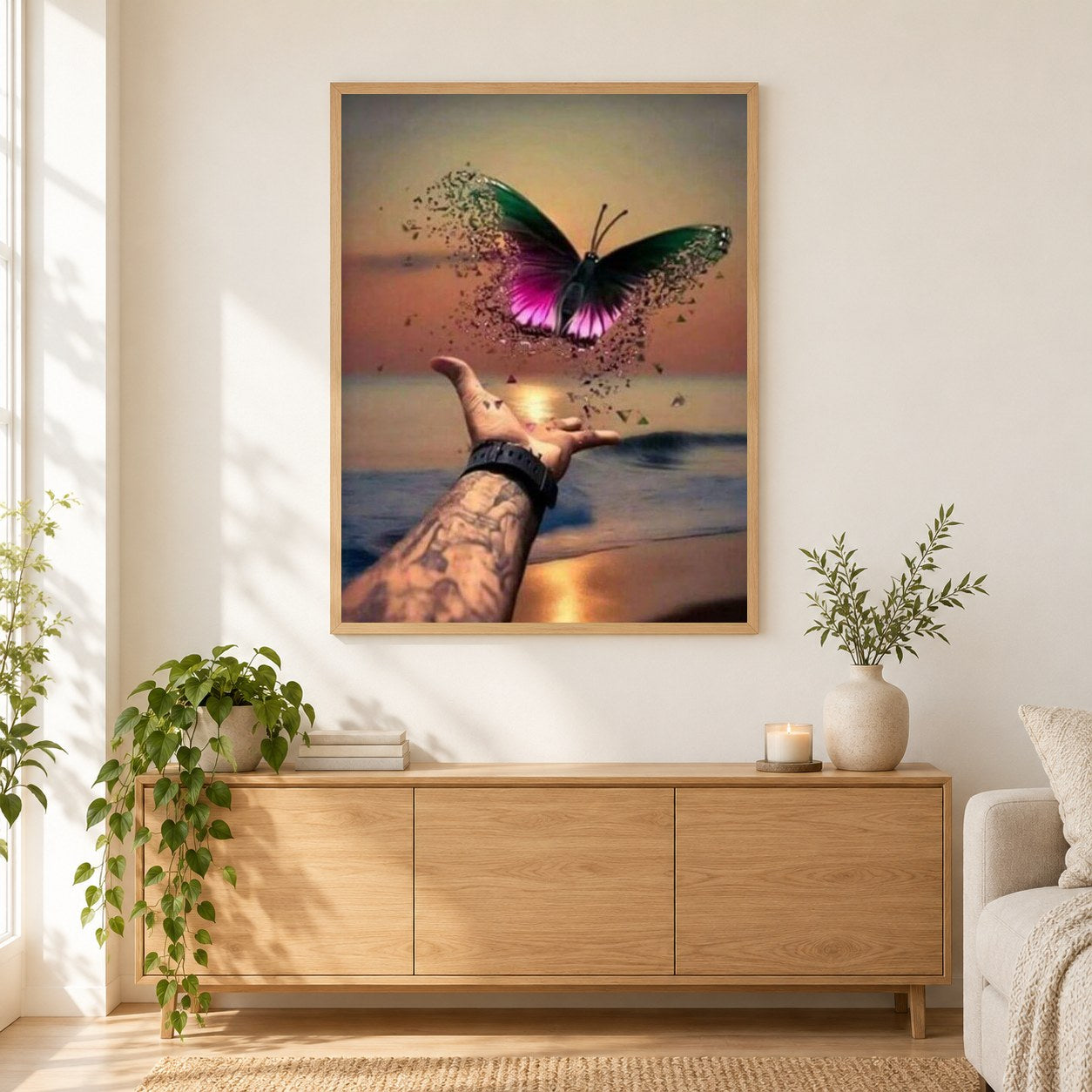 Schöner Schmetterling frei zu fliegen als gerahmtes Diamond Painting im Wohnzimmer