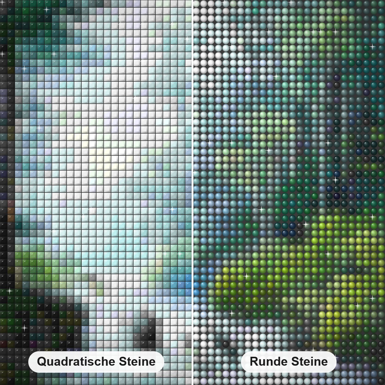 Schöner Waldwasserfall Diamond Painting Nahaufnahme mit quadratischen und runden Steinen