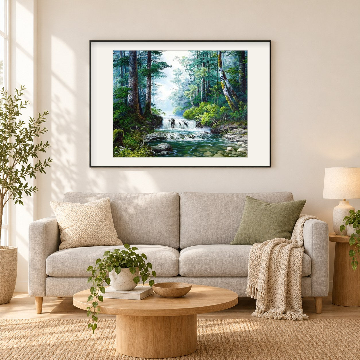 Schöner Waldwasserfall als gerahmtes Diamond Painting im Wohnzimmer