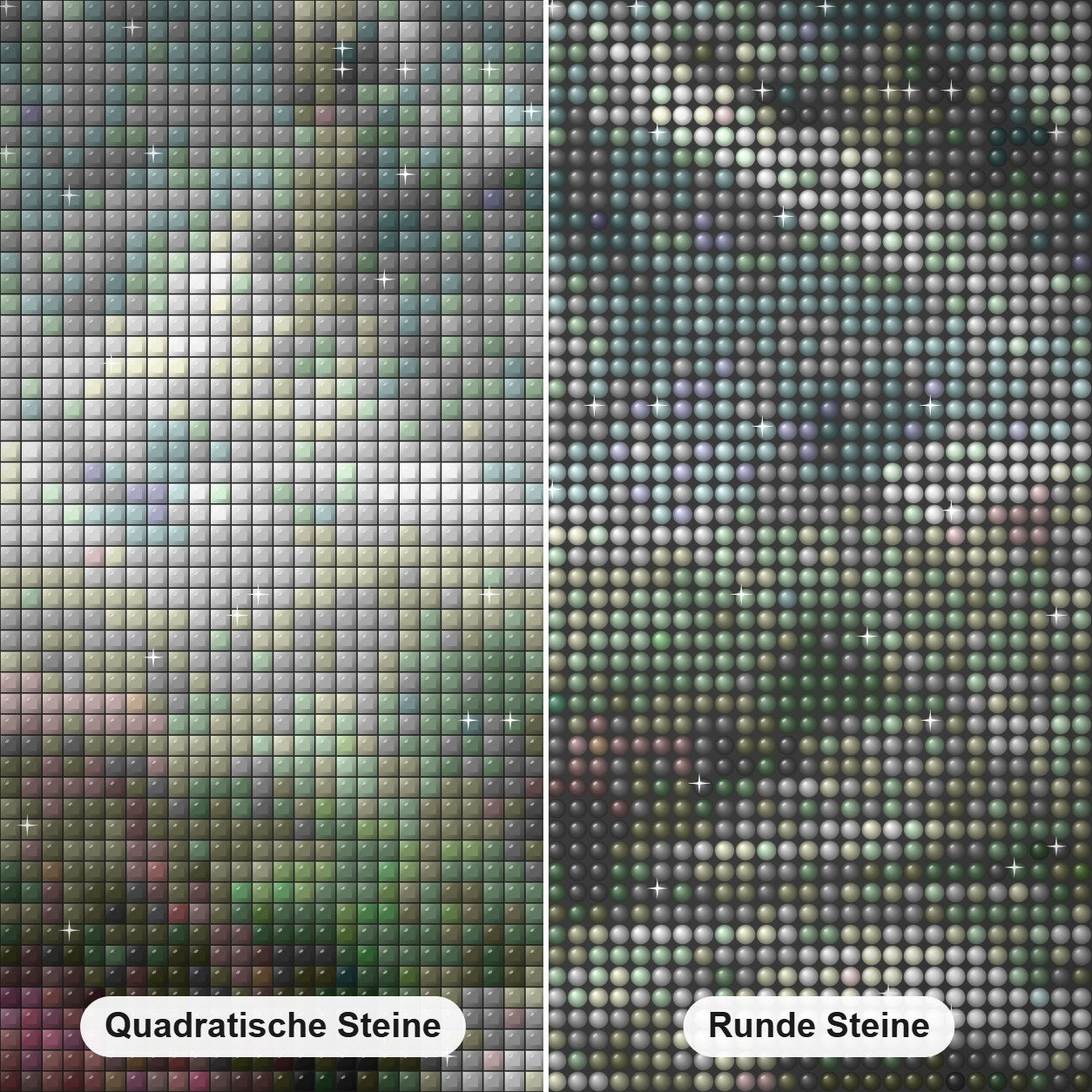 Schöner Weg zu den Bergen Diamond Painting Nahaufnahme mit quadratischen und runden Steinen