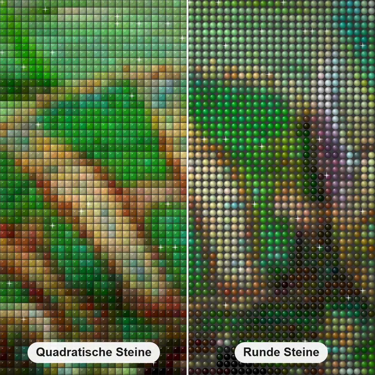 Schönes Chamäleon Diamond Painting Nahaufnahme mit quadratischen und runden Steinen