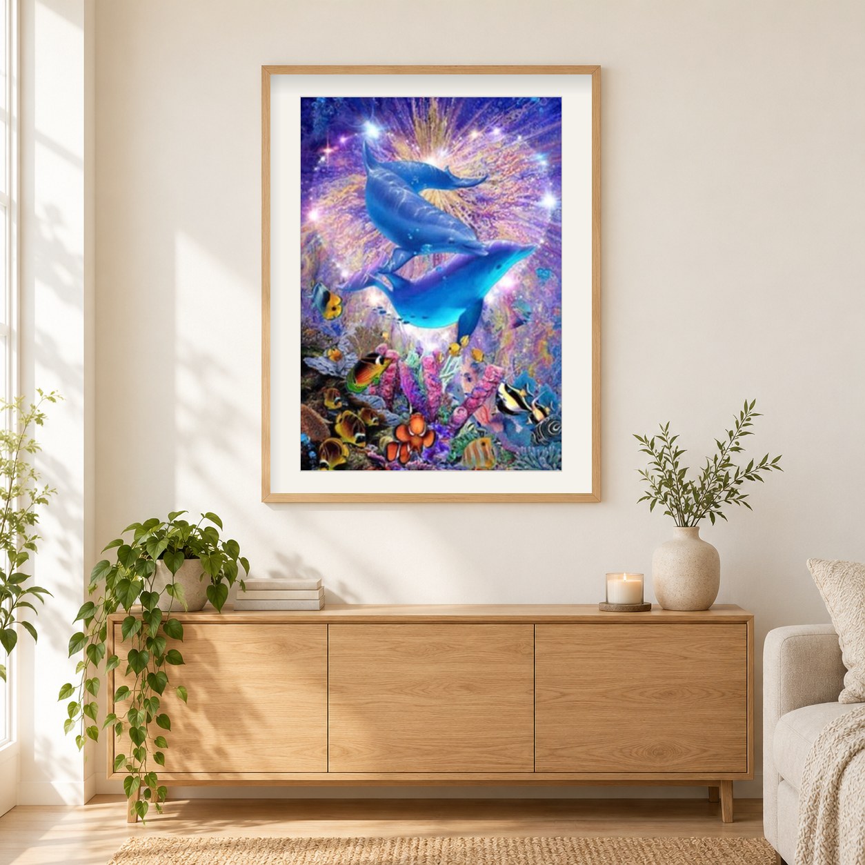 Schönes Delfinpaar als gerahmtes Diamond Painting im Wohnzimmer
