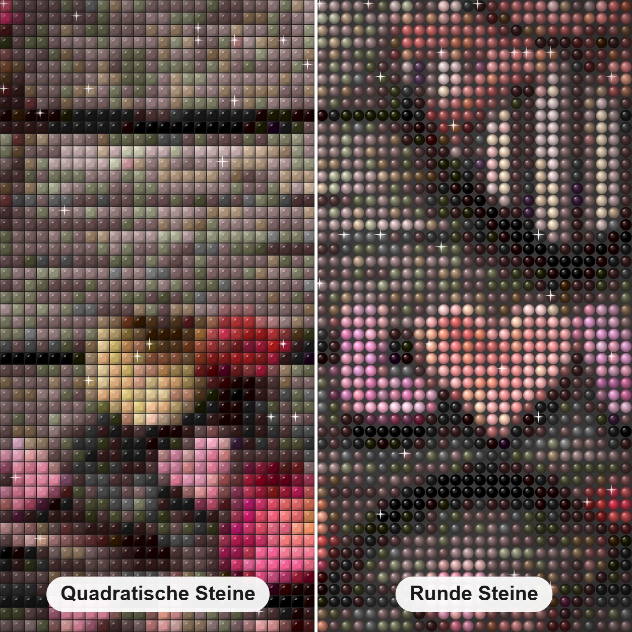 Schönes Diamond Painting Nahaufnahme mit quadratischen und runden Steinen