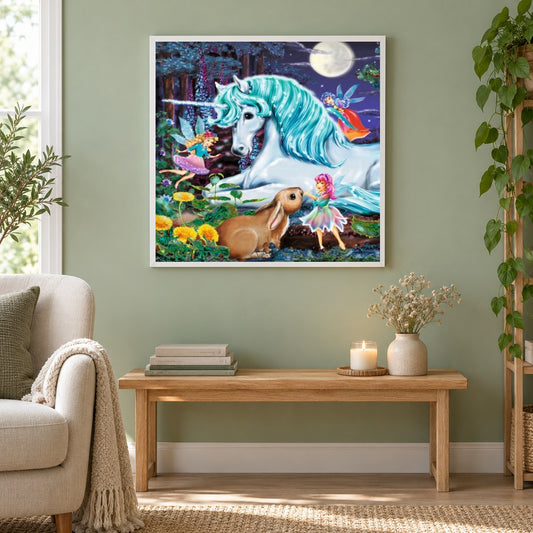 Schönes Einhorn & kleine Feen als gerahmtes Diamond Painting im Wohnzimmer
