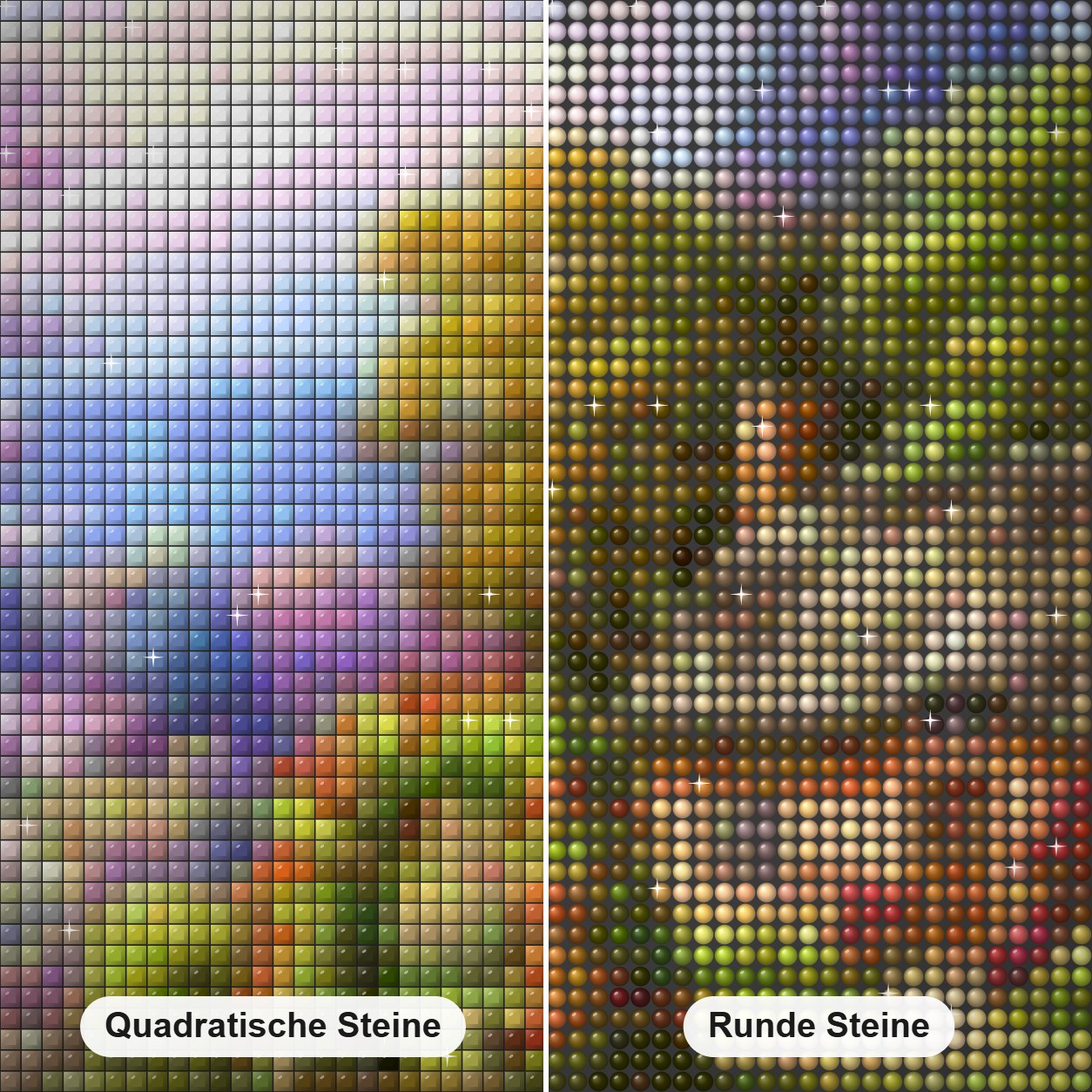 Schönes Haus am See Diamond Painting Nahaufnahme mit quadratischen und runden Steinen