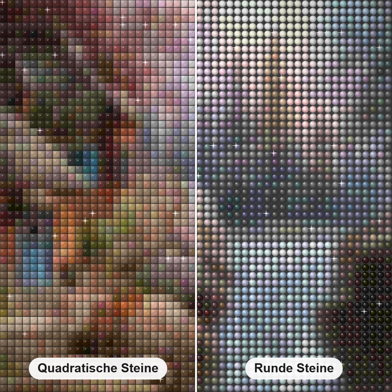 Schönes Haus am Wasserfall Diamond Painting Nahaufnahme mit quadratischen und runden Steinen