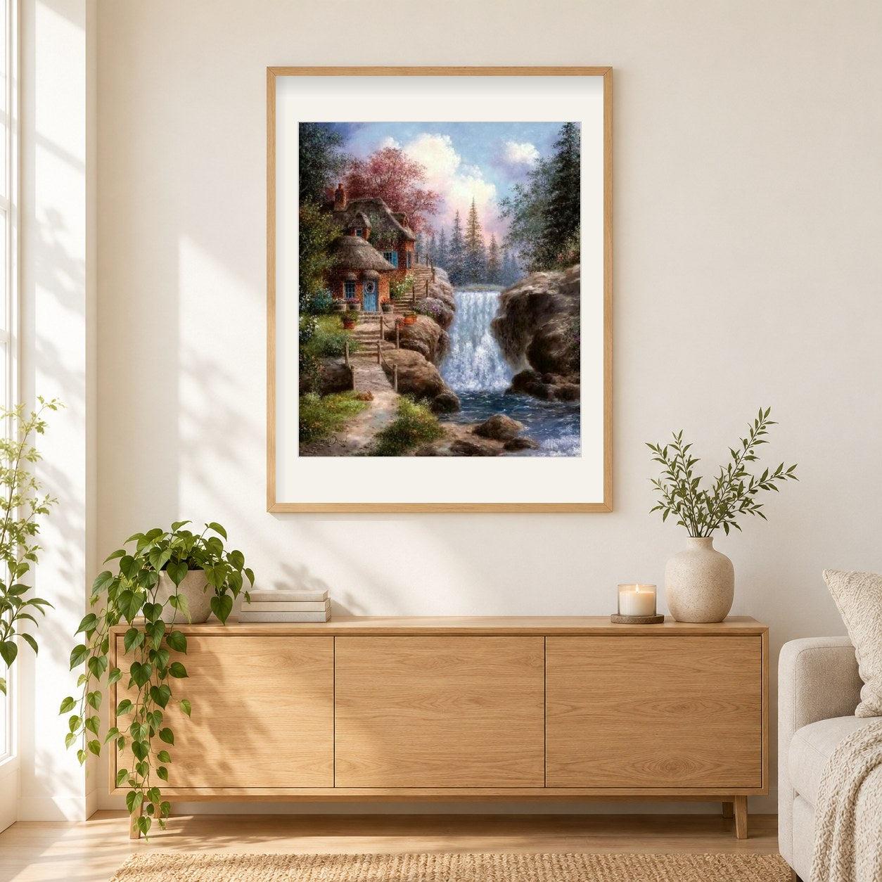 Schönes Haus am Wasserfall als gerahmtes Diamond Painting im Wohnzimmer
