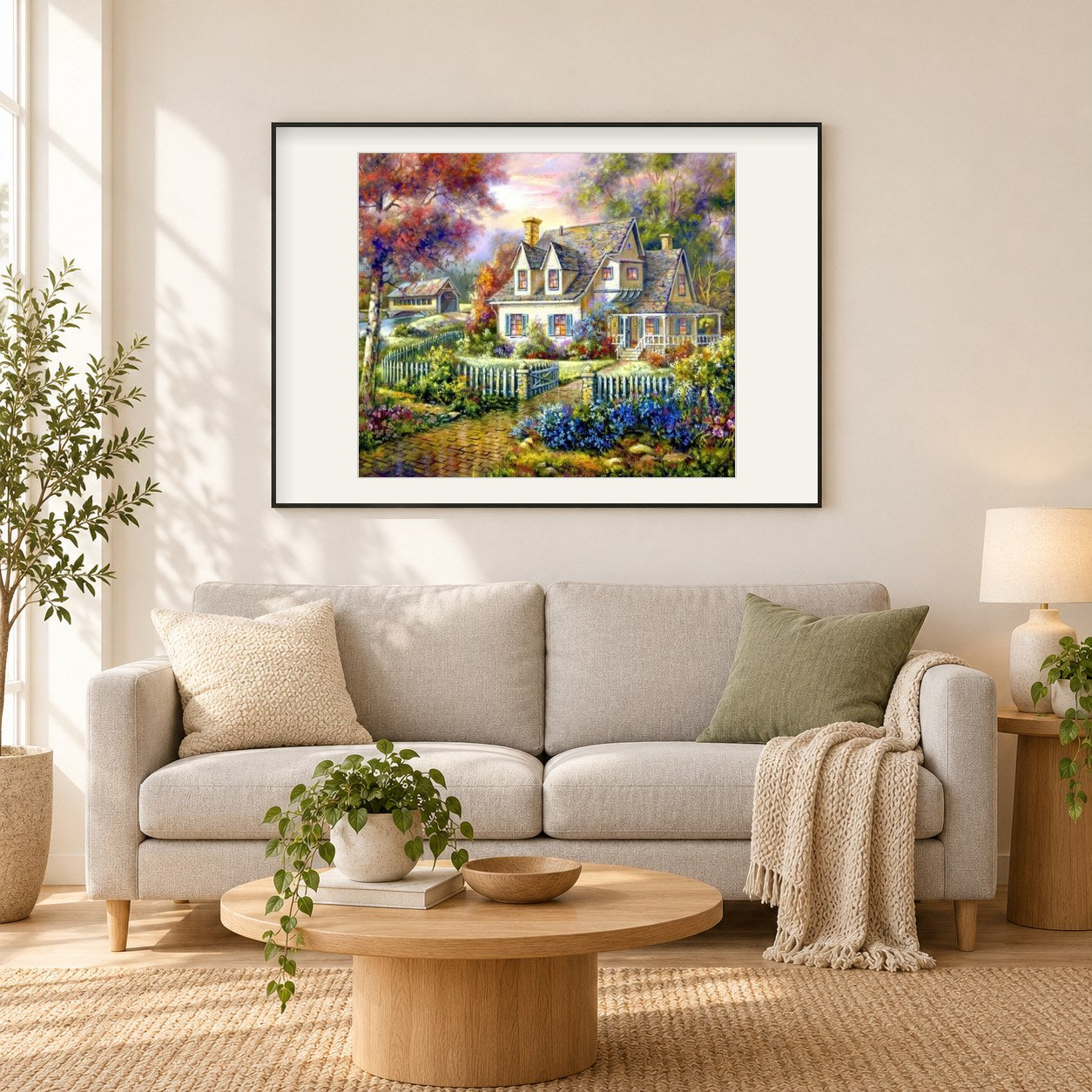 Schönes Haus in der Frühlingssaison als gerahmtes Diamond Painting im Wohnzimmer