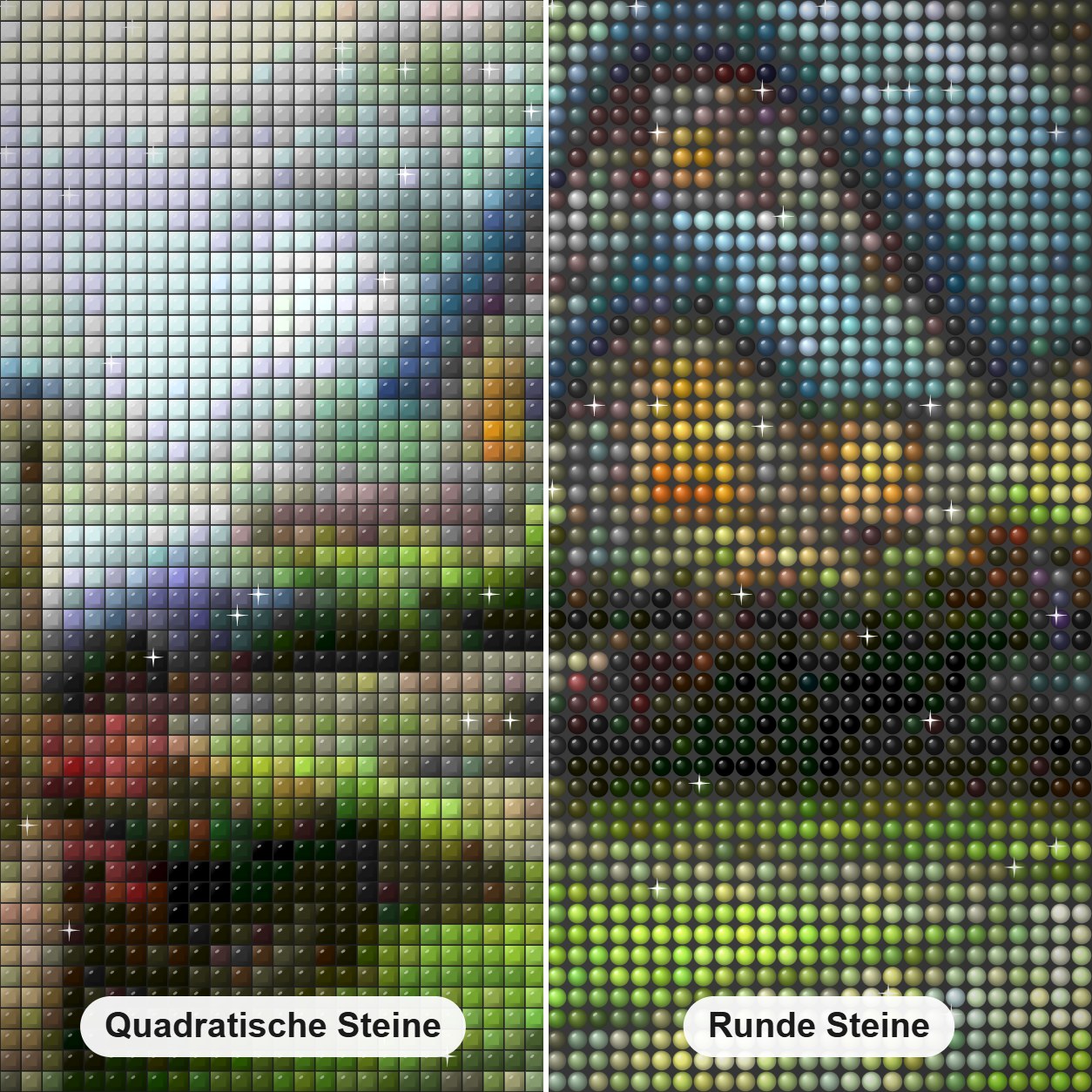 Schönes Haus & Wasserbrunnen im Garten Diamond Painting Nahaufnahme mit quadratischen und runden Steinen