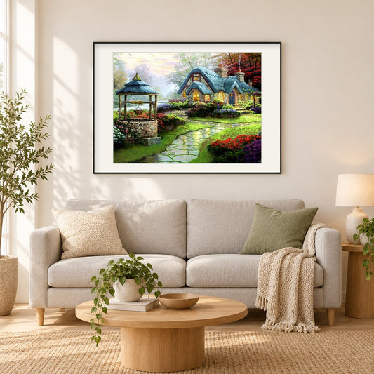 Schönes Haus & Wasserbrunnen im Garten als gerahmtes Diamond Painting im Wohnzimmer