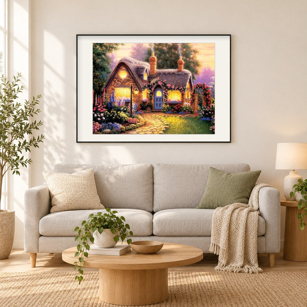 Schönes Häuschen mit Blumendekoration als gerahmtes Diamond Painting im Wohnzimmer