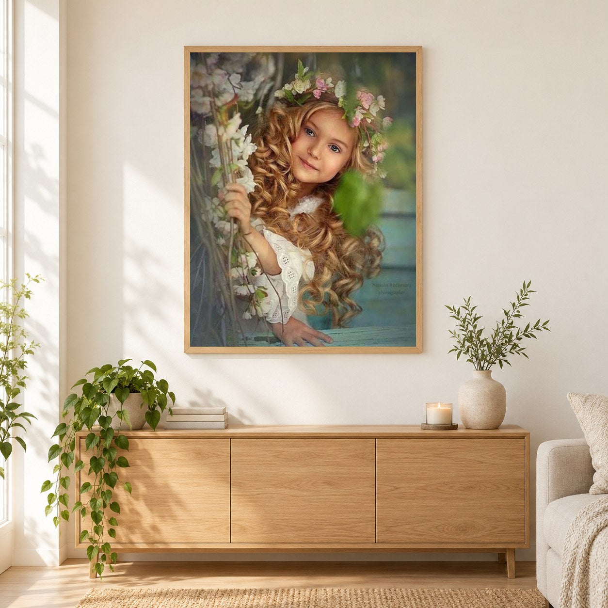 Schönes Kind mit Blumenkrone als gerahmtes Diamond Painting im Wohnzimmer