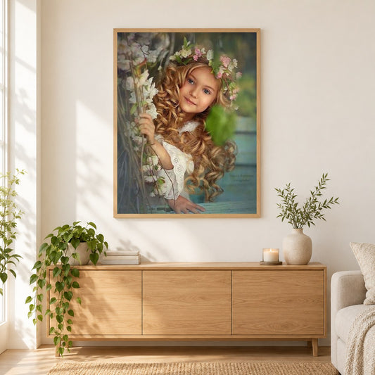 Schönes Kind mit Blumenkrone als gerahmtes Diamond Painting im Wohnzimmer