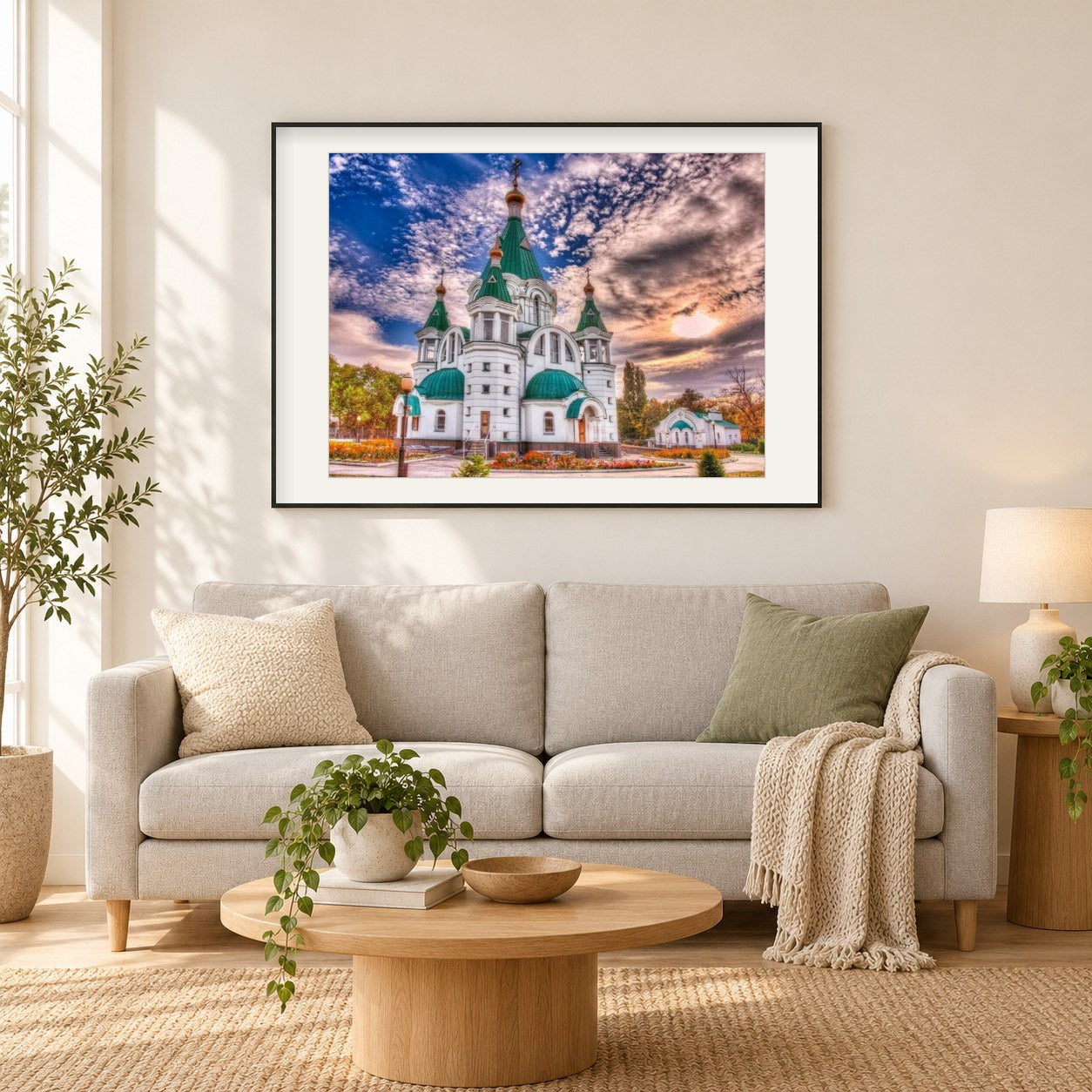 Schönes Kloster als gerahmtes Diamond Painting im Wohnzimmer