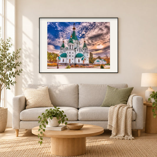 Schönes Kloster als gerahmtes Diamond Painting im Wohnzimmer