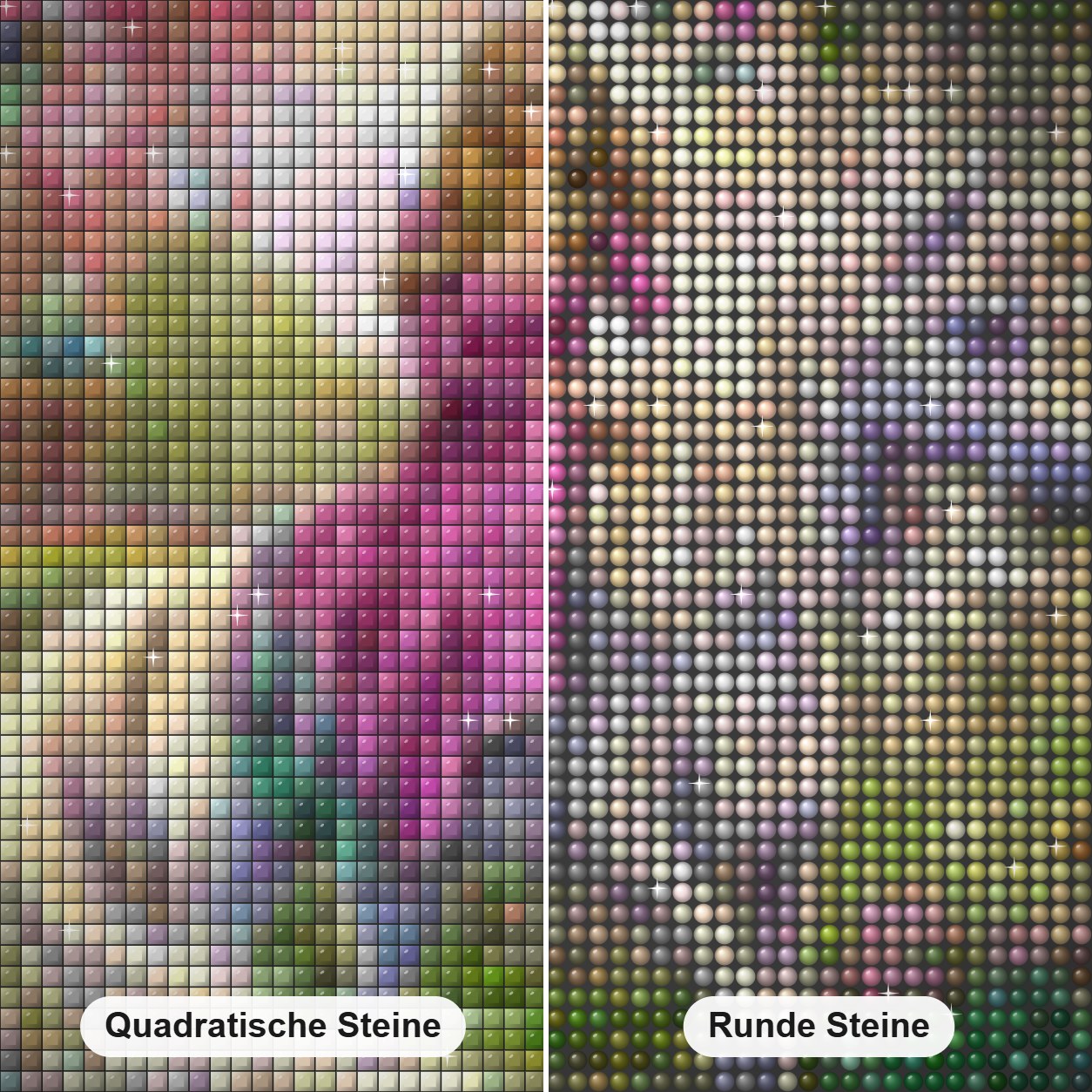 Mädchen reitet auf dem Einhorn Diamond Painting Nahaufnahme mit quadratischen und runden Steinen