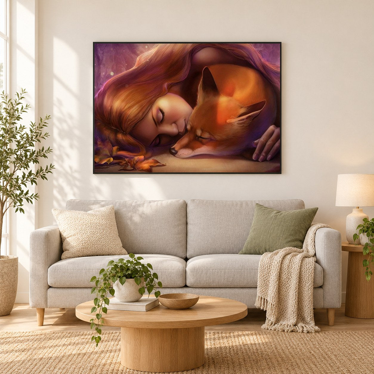 Schönes Mädchen & Fuchs als gerahmtes Diamond Painting im Wohnzimmer