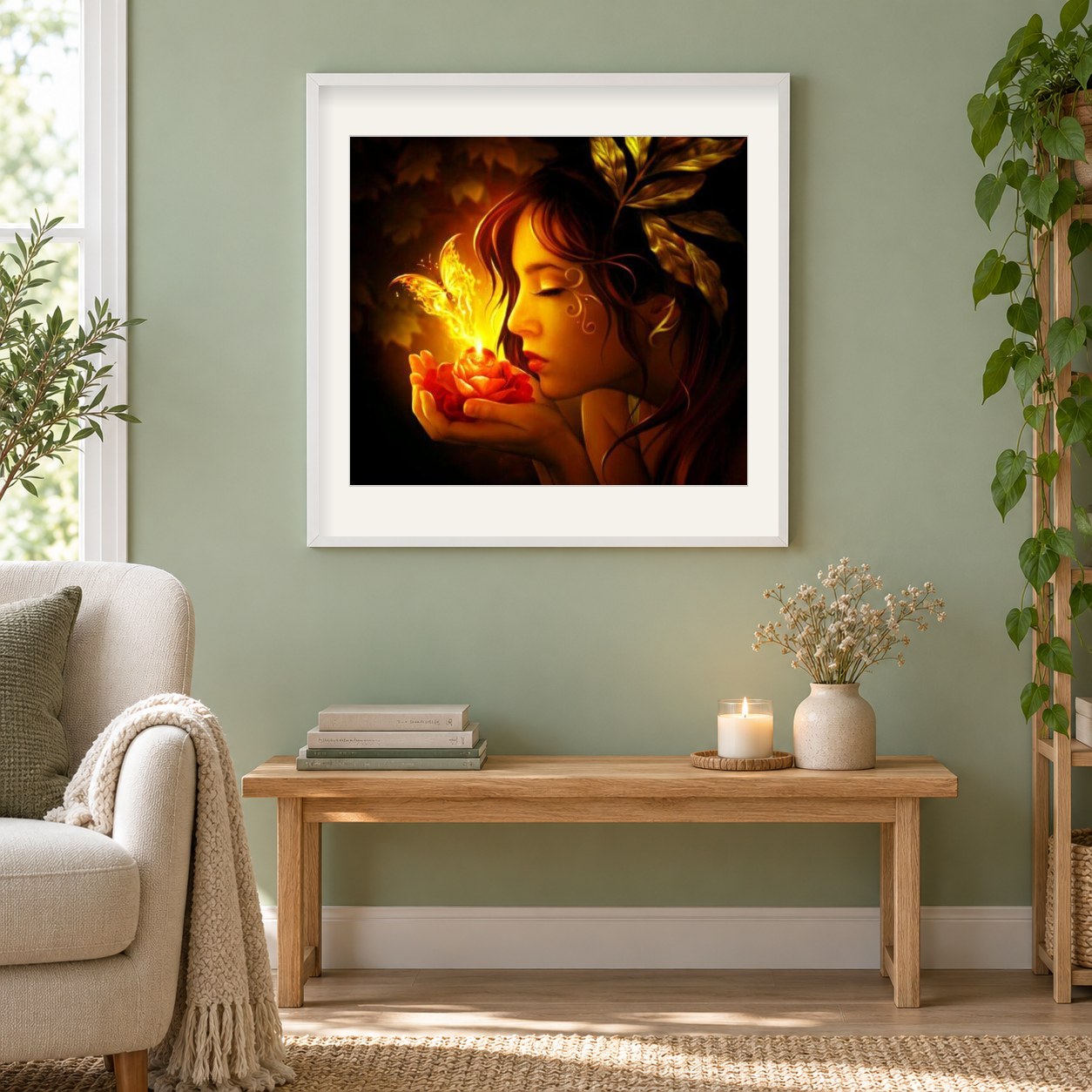 Schönes Mädchen & goldener Schmetterling als gerahmtes Diamond Painting im Wohnzimmer