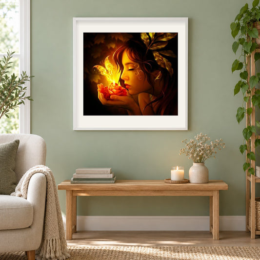 Schönes Mädchen & goldener Schmetterling als gerahmtes Diamond Painting im Wohnzimmer