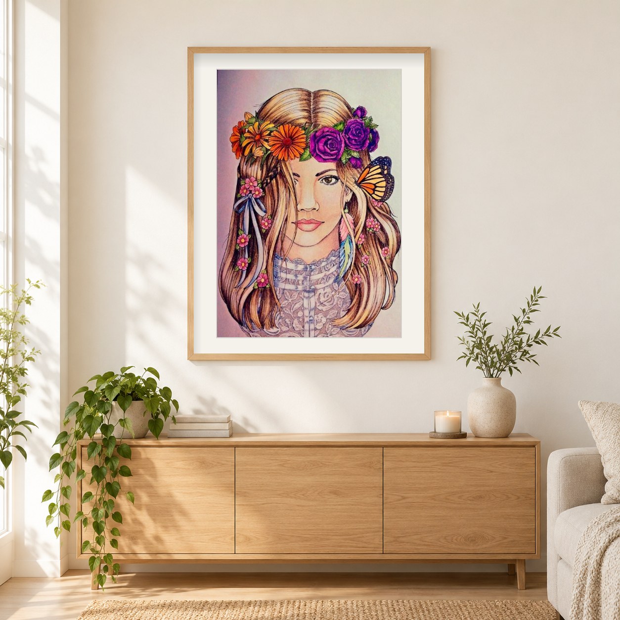 Schönes Mädchen mit Blumenkrone als gerahmtes Diamond Painting im Wohnzimmer