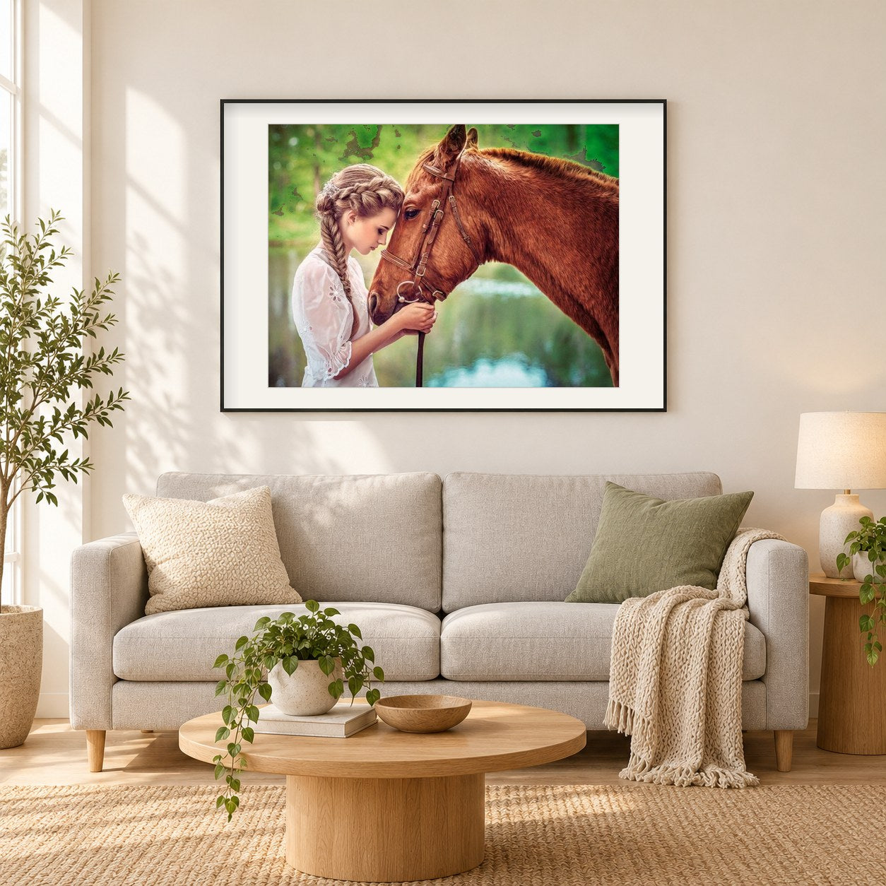 Schönes Mädchen & Pferd als gerahmtes Diamond Painting im Wohnzimmer