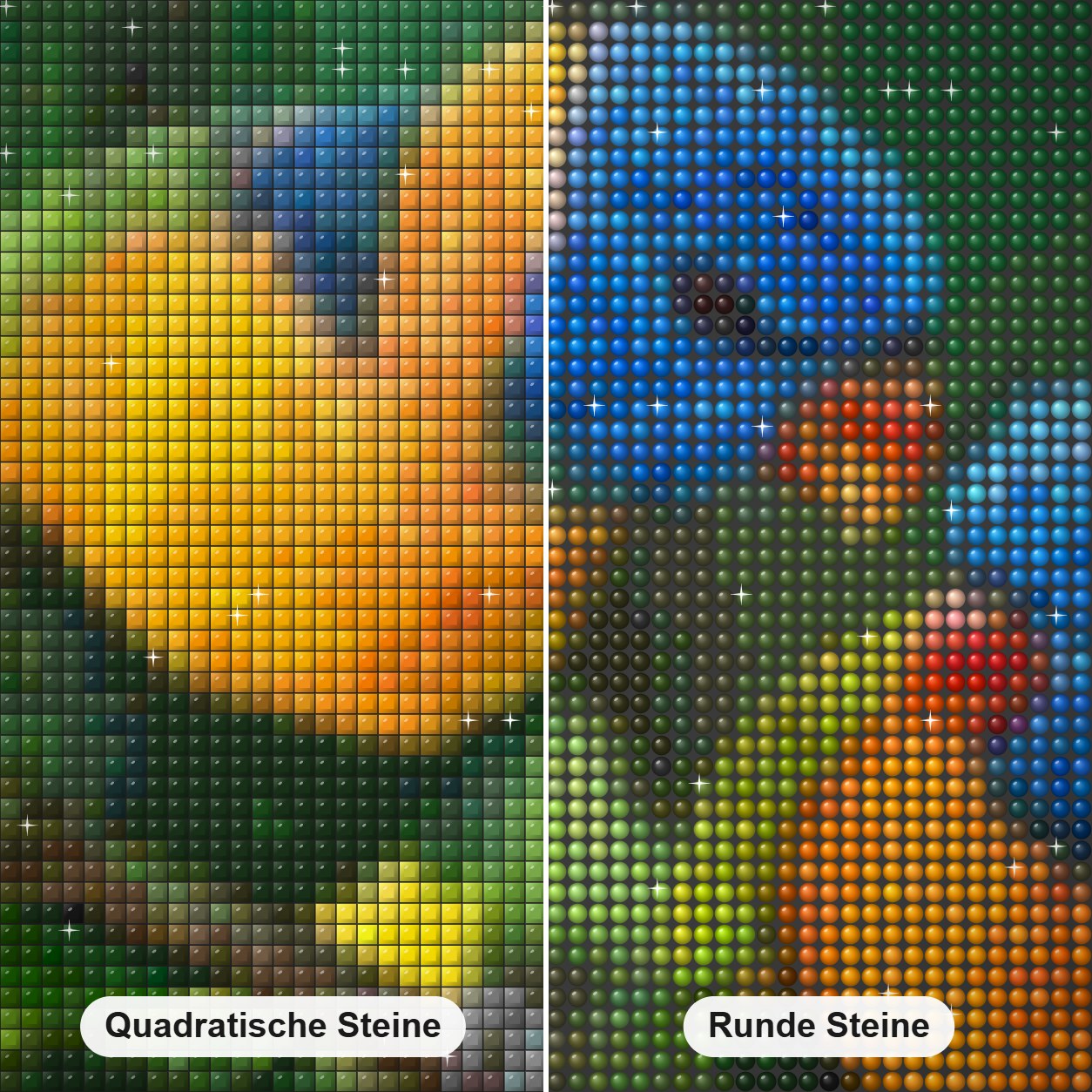 Schönes Paar Papageien Diamond Painting Nahaufnahme mit quadratischen und runden Steinen