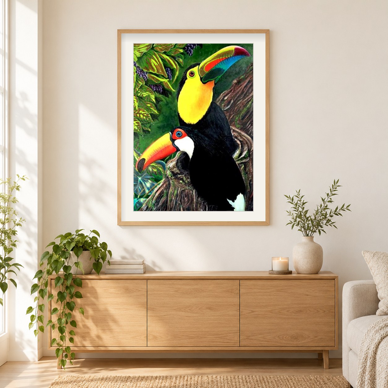 Schönes Paar Tukanvögel als gerahmtes Diamond Painting im Wohnzimmer