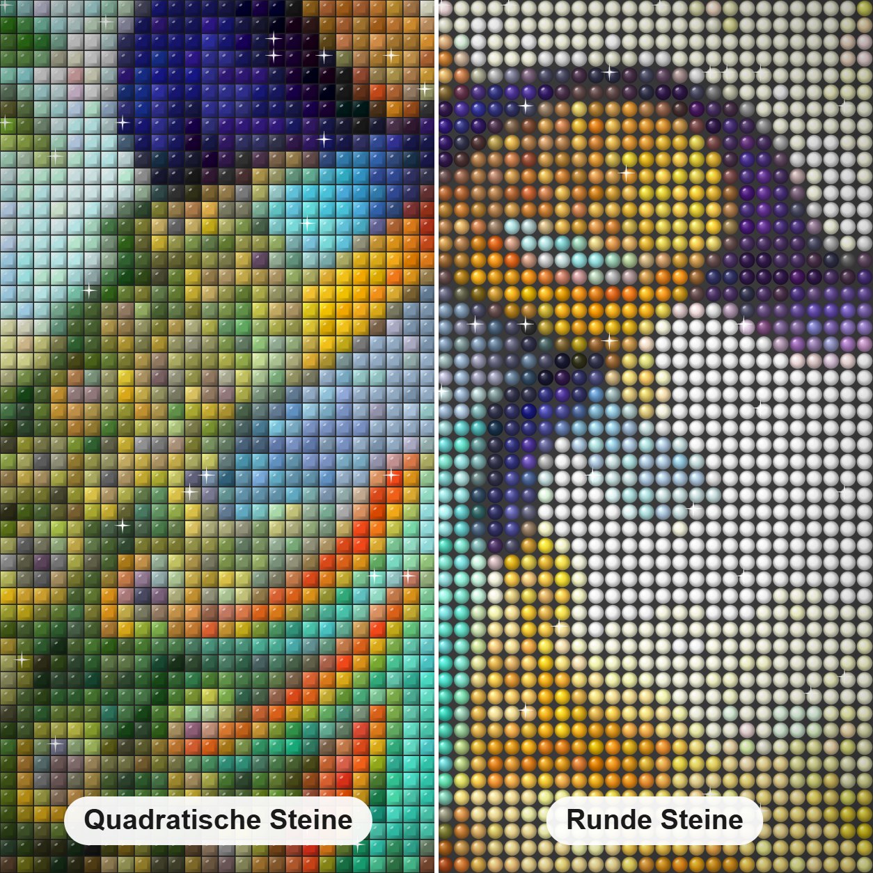 Schönes Pfauenpaar Diamond Painting Nahaufnahme mit quadratischen und runden Steinen
