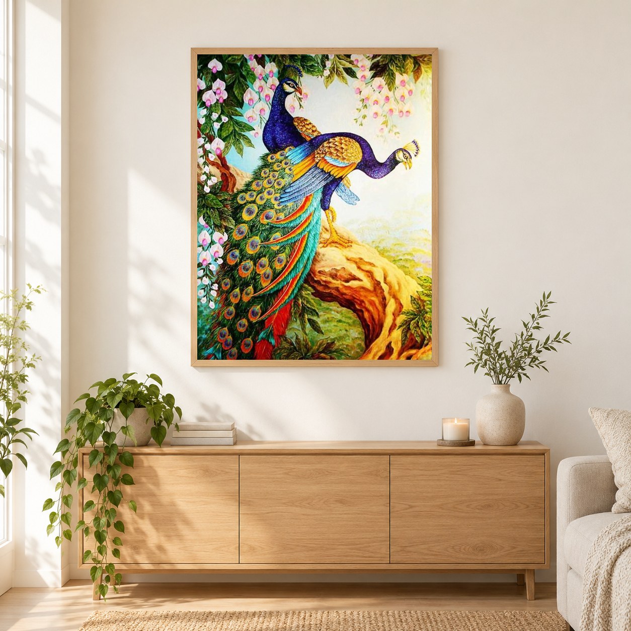 Schönes Pfauenpaar als gerahmtes Diamond Painting im Wohnzimmer