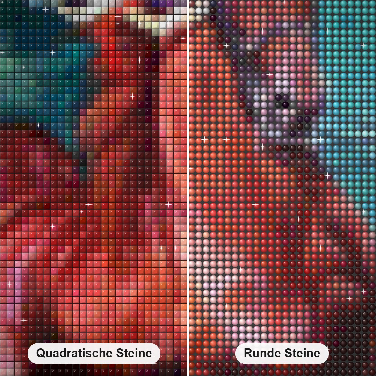 Schönes rotes Pferd Diamond Painting Nahaufnahme mit quadratischen und runden Steinen