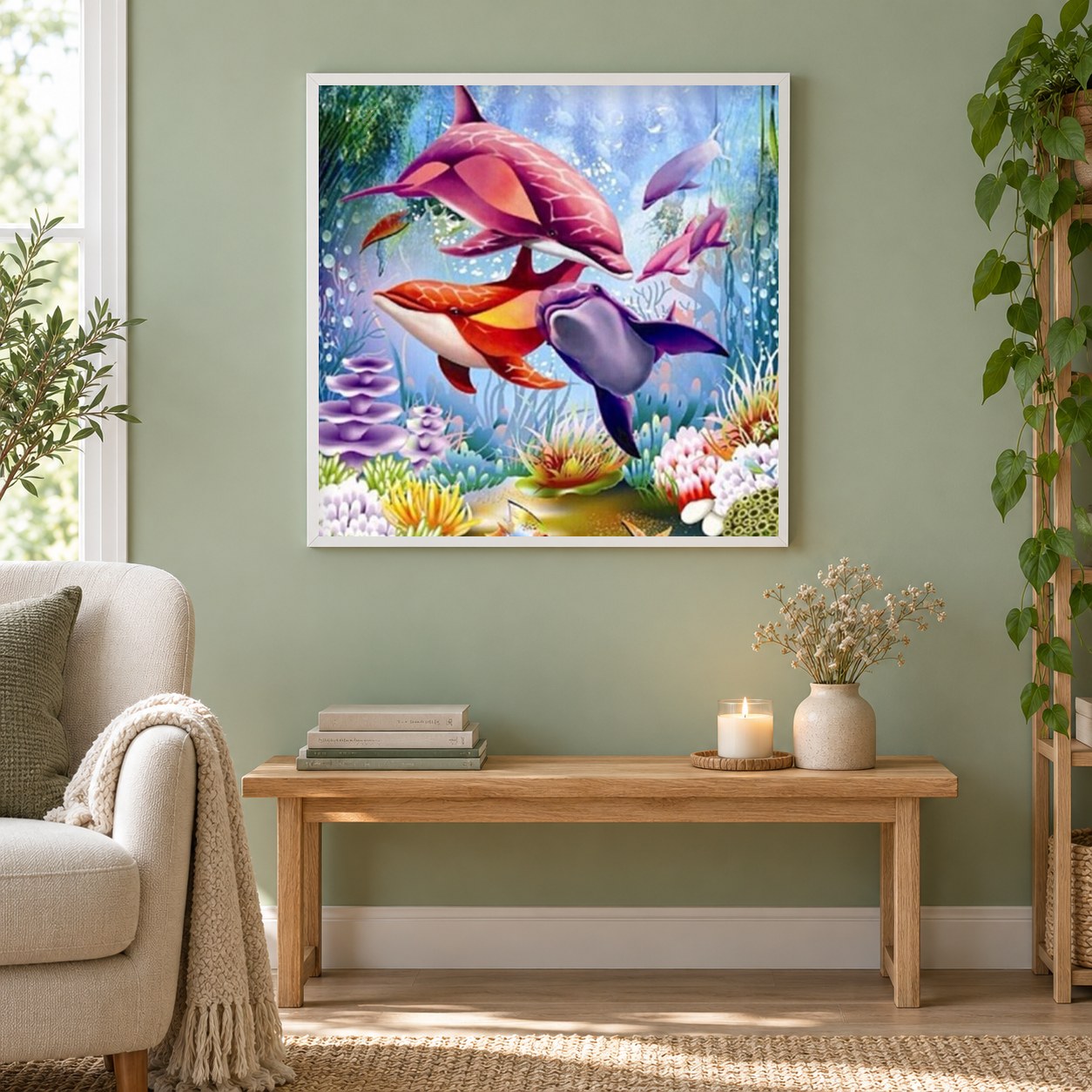 Schönes Sea Life Painting Kit als gerahmtes Diamond Painting im Wohnzimmer