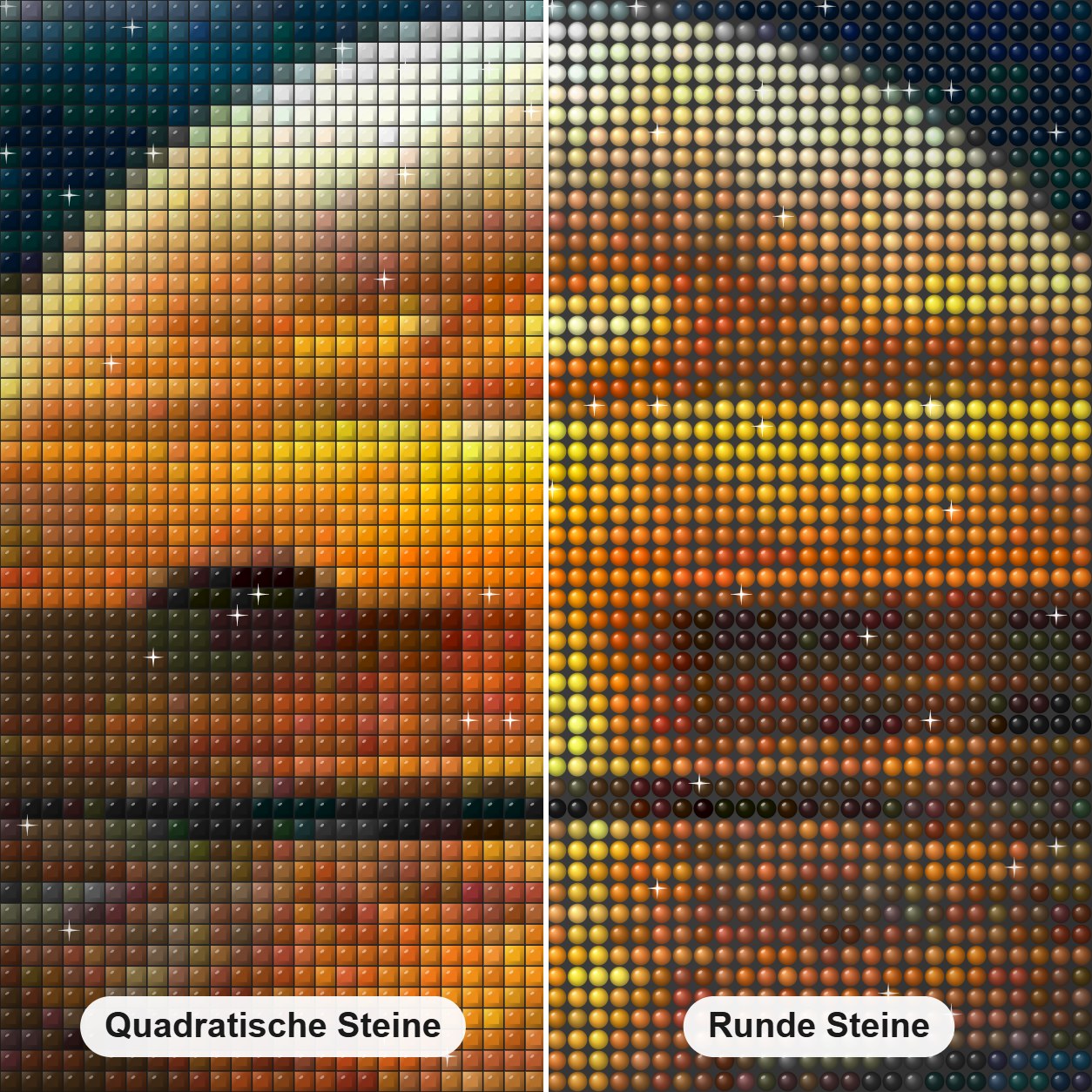 Schönheit der untergehenden Sonne Diamond Painting Nahaufnahme mit quadratischen und runden Steinen