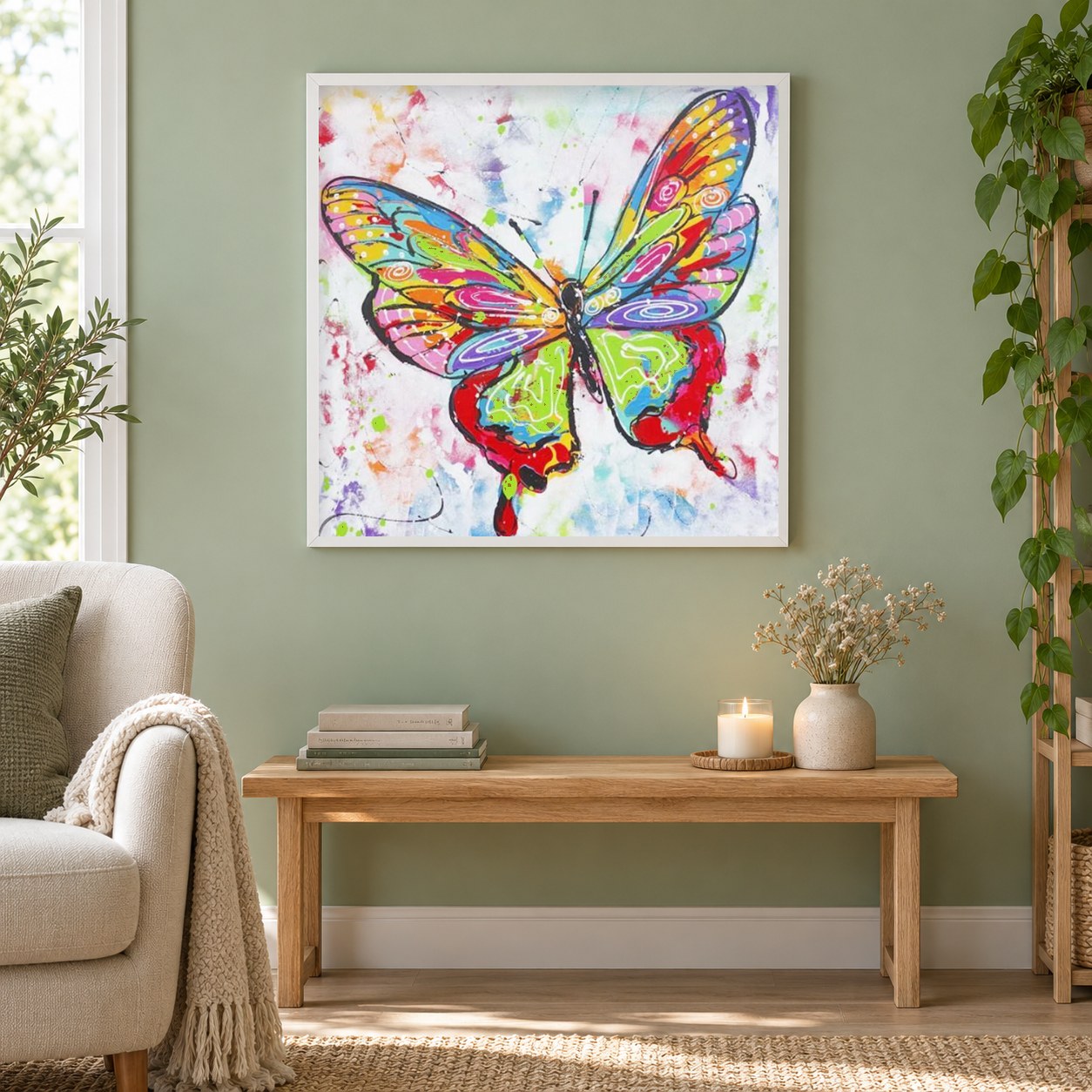 Schönheit des Schmetterlings als gerahmtes Diamond Painting im Wohnzimmer
