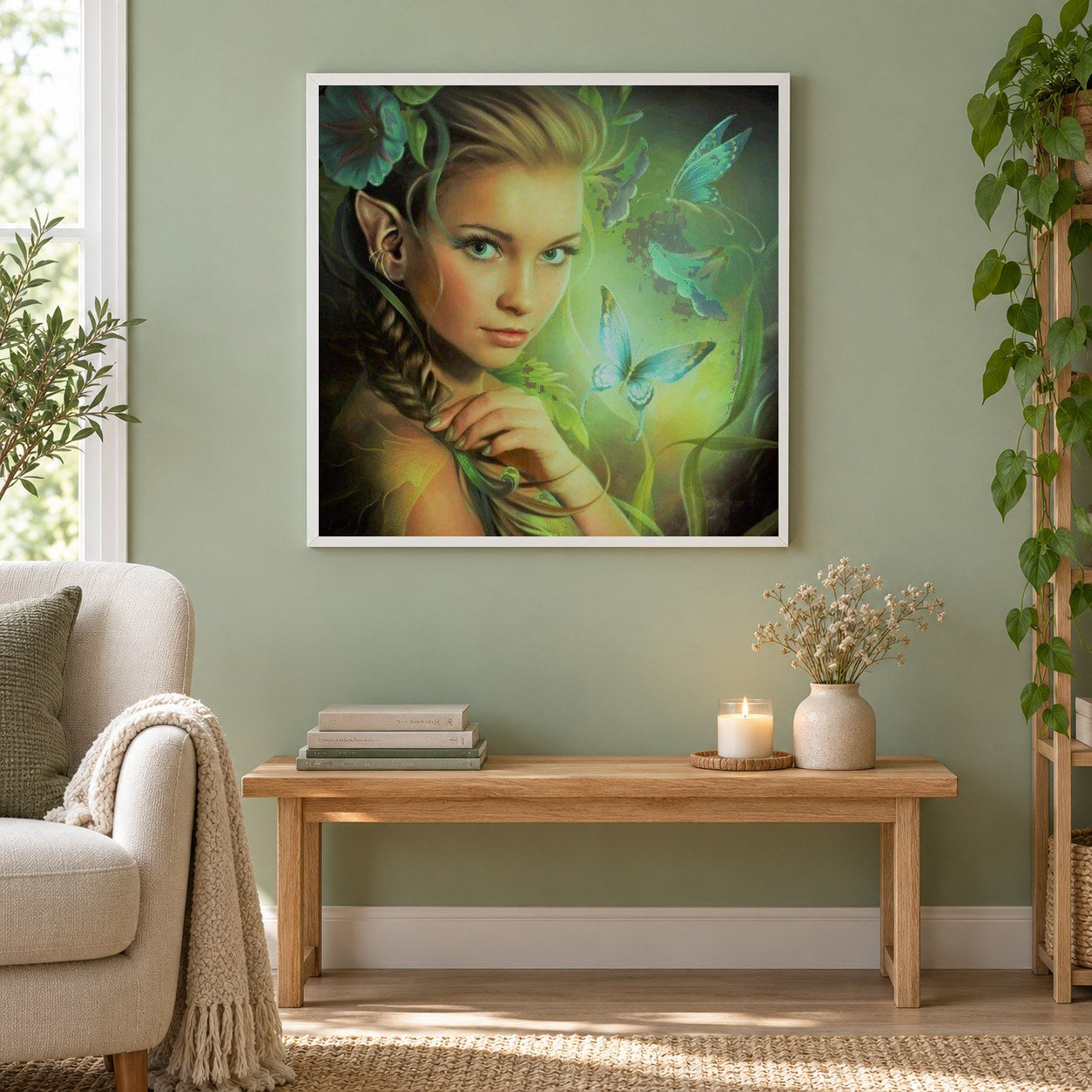 Schönheit & Schmetterlinge als gerahmtes Diamond Painting im Wohnzimmer