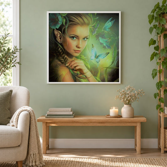 Schönheit & Schmetterlinge als gerahmtes Diamond Painting im Wohnzimmer