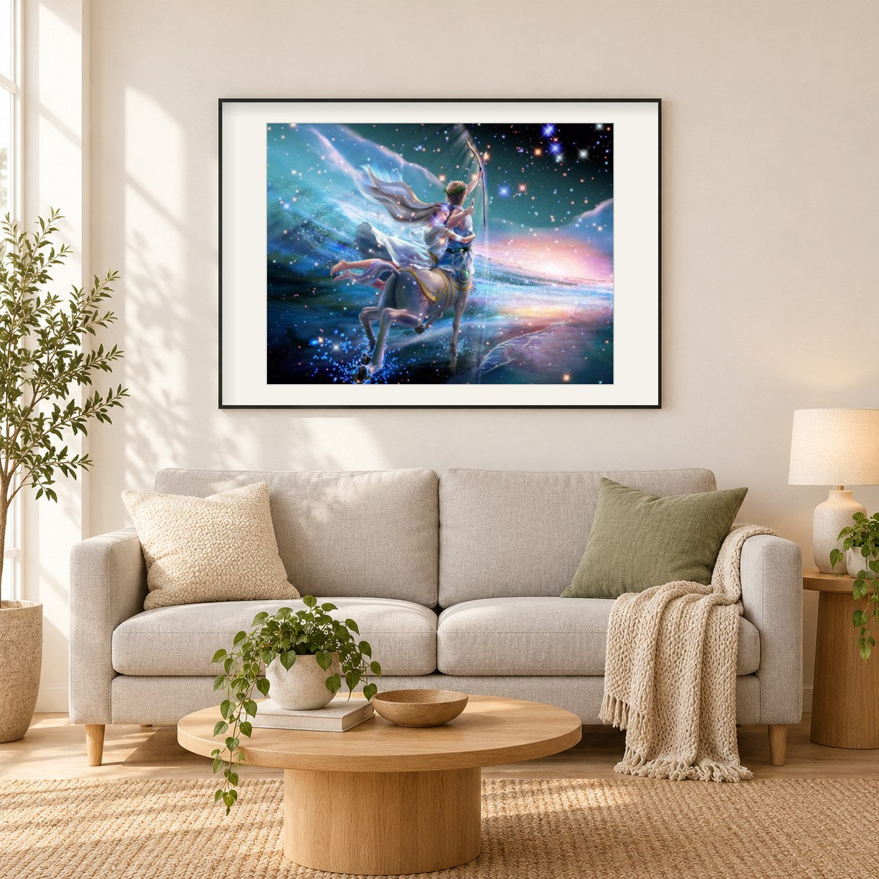 Schütze Tierkreis als gerahmtes Diamond Painting im Wohnzimmer
