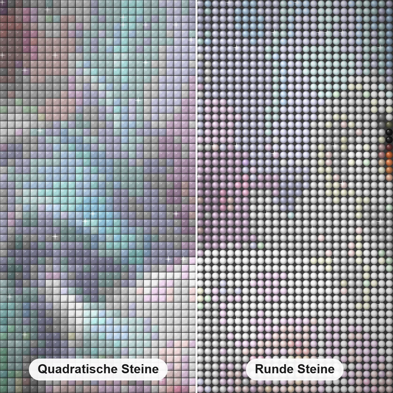 Schwäne & Blumen Fantasie Diamond Painting Nahaufnahme mit quadratischen und runden Steinen