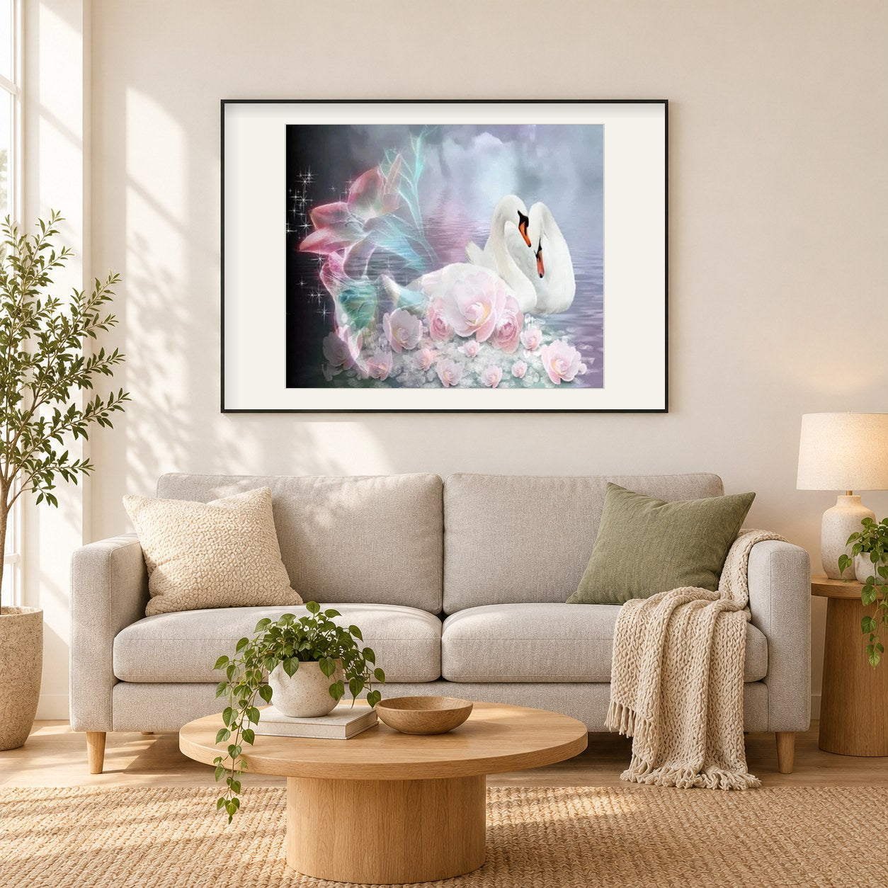 Schwäne & Blumen Fantasie als gerahmtes Diamond Painting im Wohnzimmer