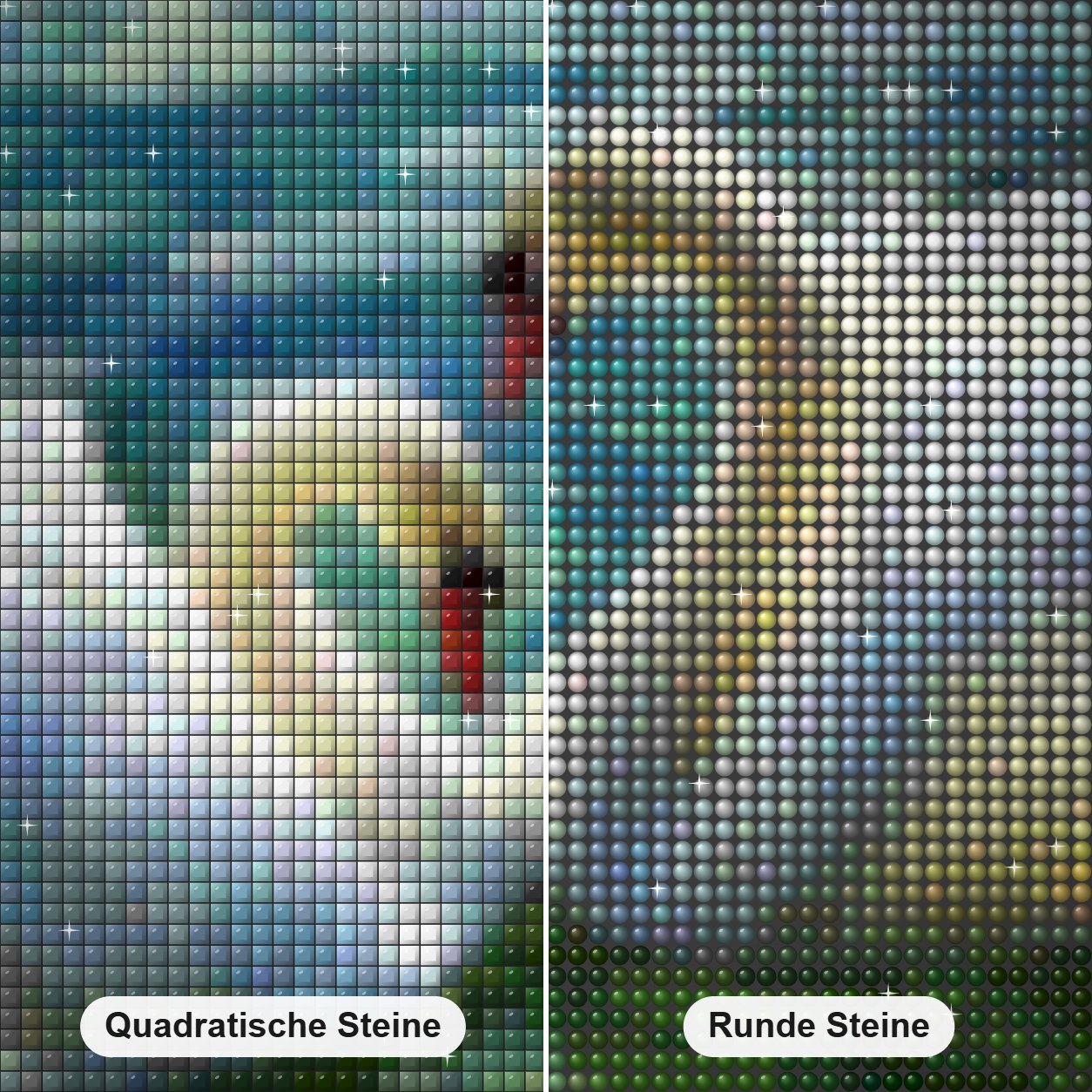 Schwanenpaar im See Diamond Painting Nahaufnahme mit quadratischen und runden Steinen