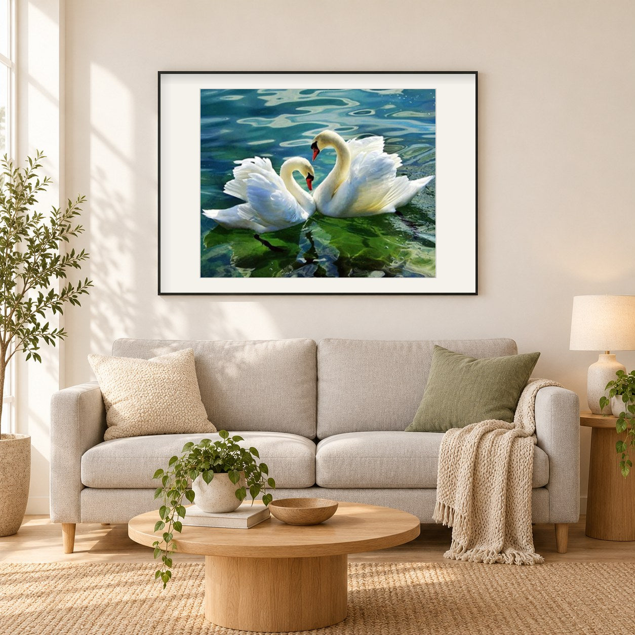 Schwanenpaar im See als gerahmtes Diamond Painting im Wohnzimmer