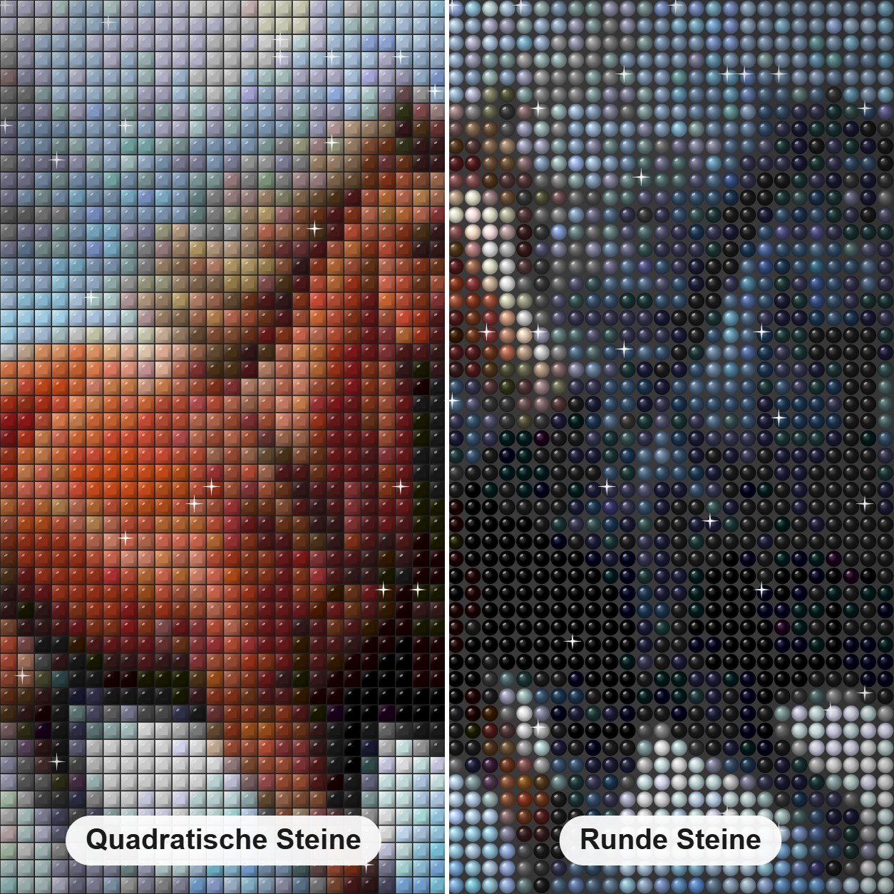 Schwarz & Braun Pferde Diamond Painting Nahaufnahme mit quadratischen und runden Steinen