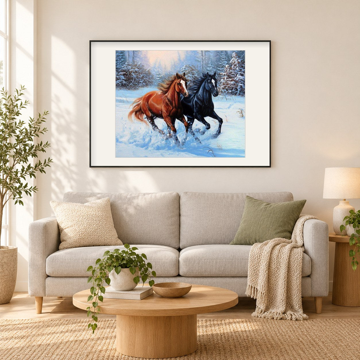 Schwarz & Braun Pferde als gerahmtes Diamond Painting im Wohnzimmer