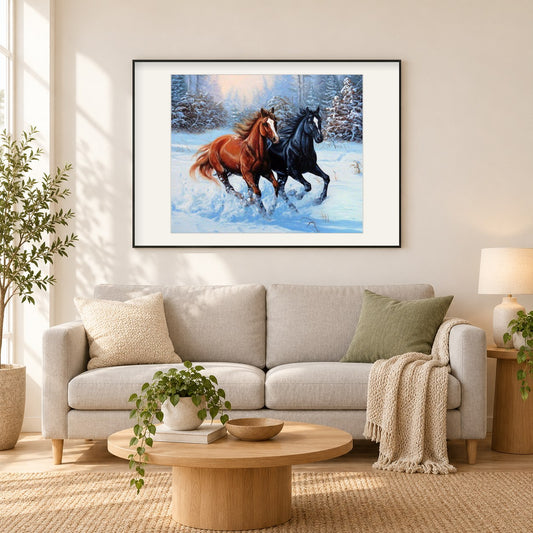 Schwarz & Braun Pferde als gerahmtes Diamond Painting im Wohnzimmer