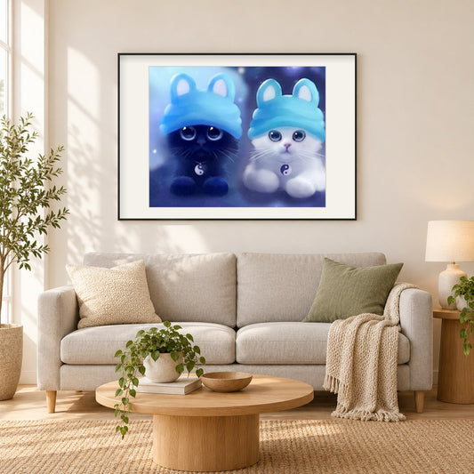 Schwarz-Weiß-Karikatur-Katzen als gerahmtes Diamond Painting im Wohnzimmer