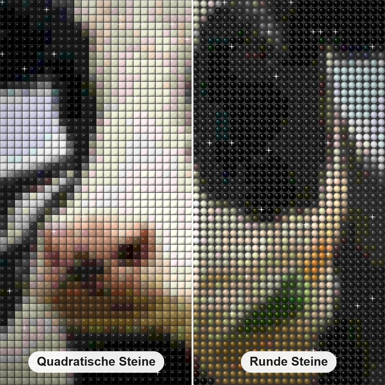 Schwarzweiße Kuh Diamond Painting Nahaufnahme mit quadratischen und runden Steinen